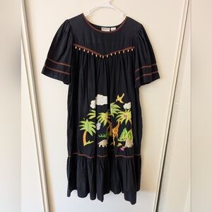 Vintage Womens Small 100% Cotton Maxi Dress Brown Embroidered Safari Vacation